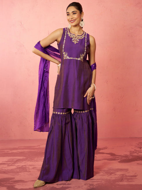 Women's Purple Cotton Kurta Sharara Set